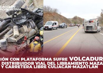 Camión con plataforma sufre volcadura en el distribuidor vial del Libramiento Mazatlán y Carretera libre Culiacán-Mazatlán.