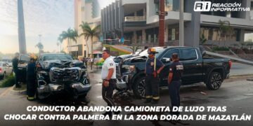Conductor abandona camioneta de lujo tras chocar contra palmera en la Zona Dorada de Mazatlán