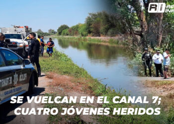 Se vuelcan en el canal 7; Cuatro jóvenes heridos