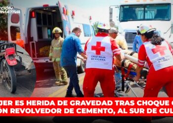 Mujer es herida de gravedad tras choque con camión revolvedor de cemento, al sur de Culiacán