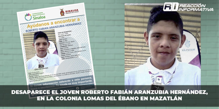 Desaparece el joven Roberto Fabián Aranzubia Hernández, en la colonia lomas del Ébano en Mazatlán