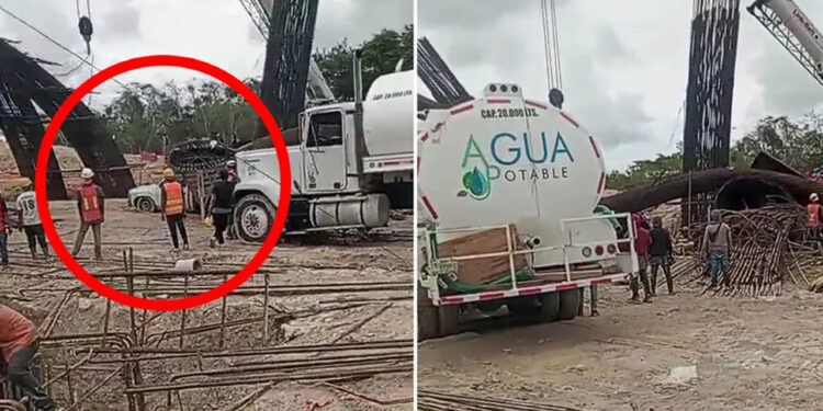 Colapsan soportes en obra del Tren Maya por fuertes lluvias; un vehículo quedó aplastado