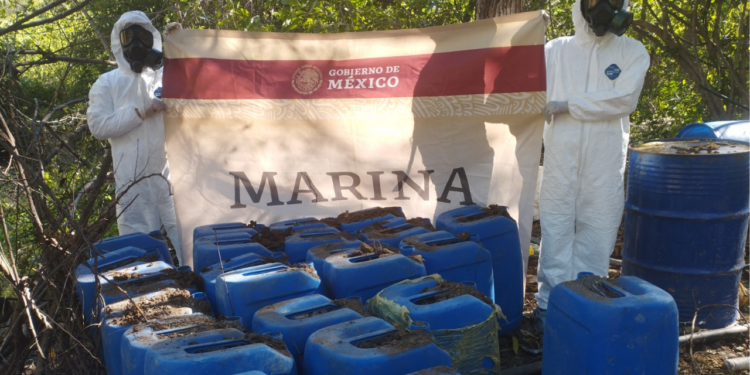 Personal de la Armada de México asegura bidones con probable precursor químico, cargadores, cartuchos, equipo táctico y vehículos en el estado de Sinaloa