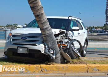 Camioneta choca contra palmera de camellón en el malecón de Mazatlán