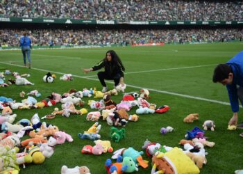 Recogen más de 20 mil muñecos de peluche en la cancha del Real Betis | Video