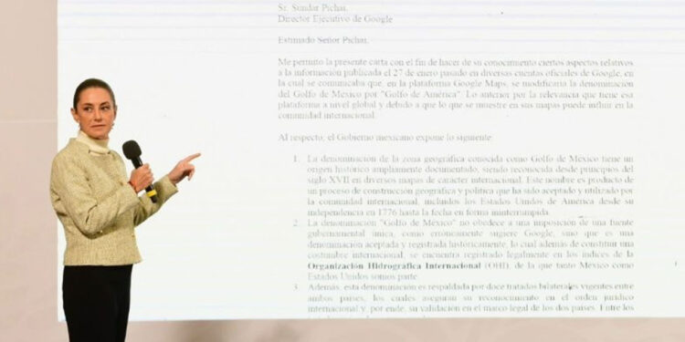 Sheinbaum muestra carta enviada a Google para atender polémica sobre Golfo de México