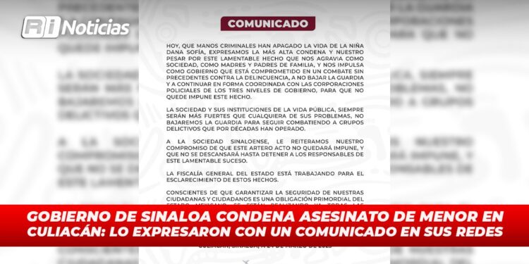 Gobierno de Sinaloa condena asesinato de menor en Culiacán: lo expresaron con un comunicado en sus redes