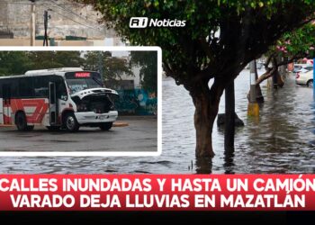 Calles inundadas y hasta un camión varado deja lluvias en Mazatlán