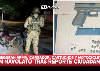 Aseguran arma, cargador, cartuchos y motocicleta en Navolato tras reporte ciudadano