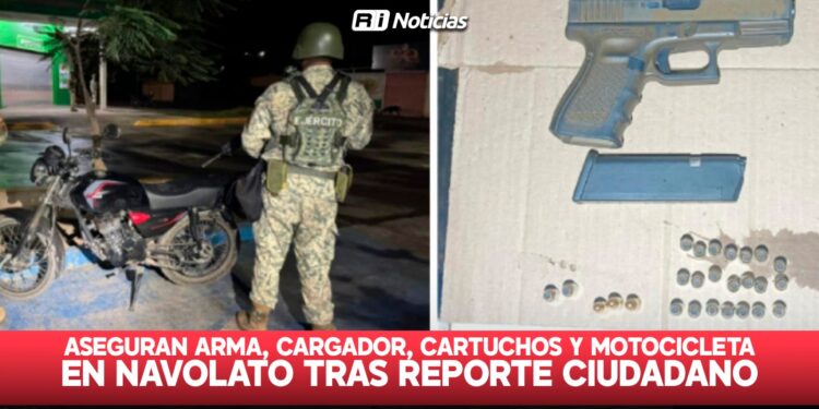 Aseguran arma, cargador, cartuchos y motocicleta en Navolato tras reporte ciudadano