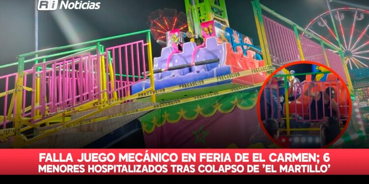 Falla juego mecánico en feria de El Carmen; 6 menores hospitalizados tras colapso de ‘El Martillo’