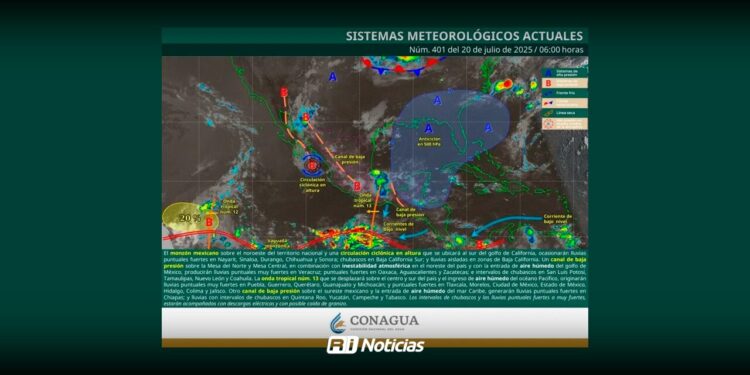 Monzón y onda tropical 13 dejarán fuertes lluvias en varios estados este domingo