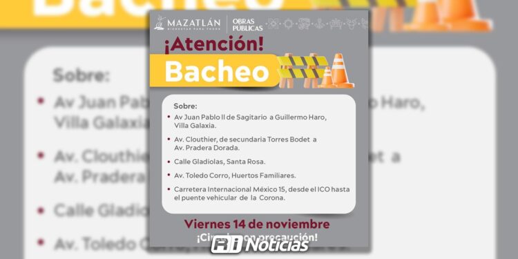 Avanza programa de bacheo en Mazatlán con nuevas jornadas en cinco puntos clave de la ciudad