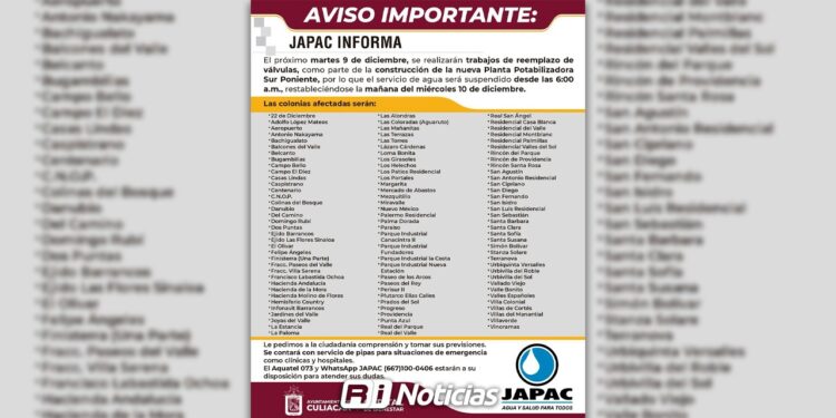 Corte de agua afectará a más de 100 colonias del sur de Culiacán este 9 de diciembre