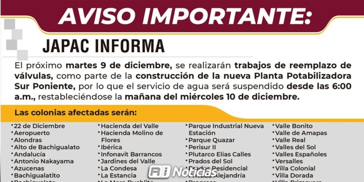 Suspensión de agua potable afectará a 107 colonias del sur de Culiacán a partir del martes