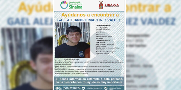 Piden ayuda para localizar a joven de 18 años desaparecido en Mazatlán