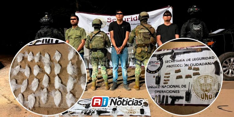 Marina detiene a tres personas y asegura presunta droga, armas y centro de monitoreo apócrifo en Sinaloa