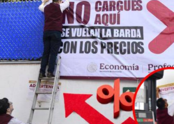 Profeco coloca lonas que advierten “No cargues aquí”, en 10 de 15 gasolineras revisadas, por vender gasolina en más de 24 pesos el litro