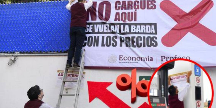 Profeco coloca lonas que advierten “No cargues aquí”, en 10 de 15 gasolineras revisadas, por vender gasolina en más de 24 pesos el litro