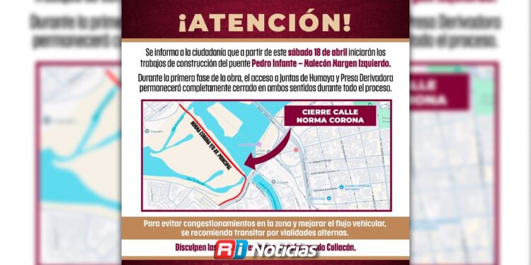 ¡Tome precauciones! Desde mañana cerrarán accesos por obras del puente Pedro Infante en Culiacán