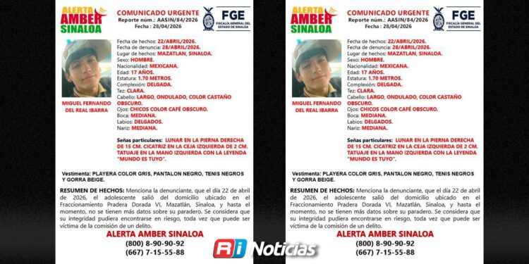 Activan Alerta Amber en busca de Miguel Fernando, menor de 17 años desaparecido en Mazatlán