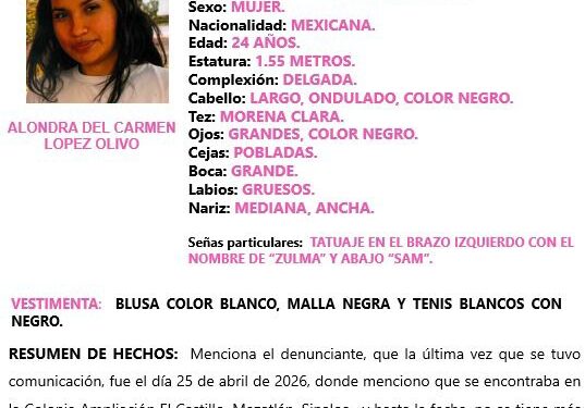 Activan Protocolo Alba en Mazatlán por la desaparición de Alondra López de 24 años