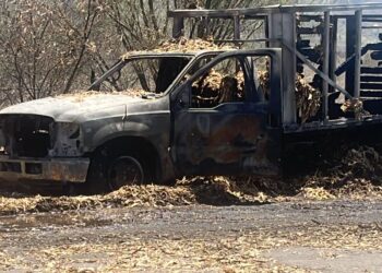 Camioneta cargada con pacas para ganado se incendia en carretera a Sanalona