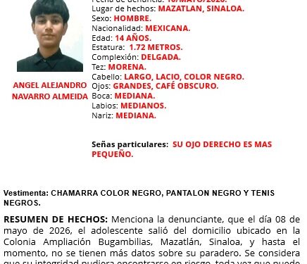 Activan Alerta Amber por desaparición de Ángel Alejandro, joven de 14 años desaparecido en Mazatlán