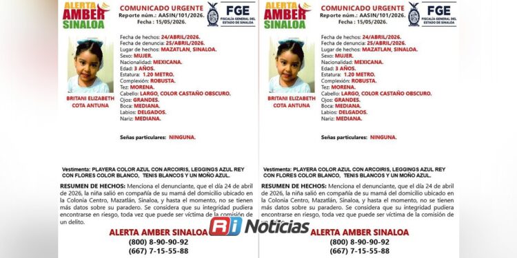 Activan Alerta Amber por desaparición de niña de 3 años en Mazatlán