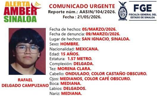 Activan Alerta Amber por desaparición de Rafael Delgado de 15 años; desapareció en San Ignacio