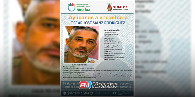Emiten ficha de búsqueda por la desaparición de Óscar José Sainz Rodríguez en Mazatlán