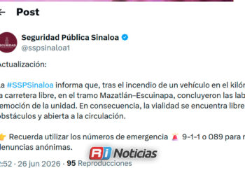 Reabren la carretera libre Mazatlán–Escuinapa tras retirar vehículo incendiado