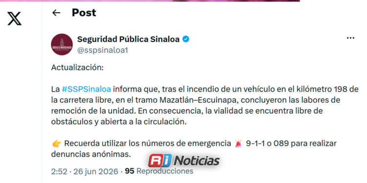 Reabren la carretera libre Mazatlán–Escuinapa tras retirar vehículo incendiado