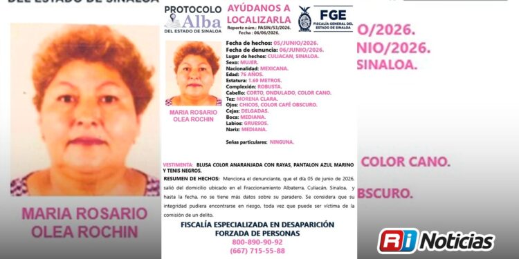 Activan Protocolo Alba en Sinaloa por la desaparición de María Rosario Olea Rochín en Culiacán