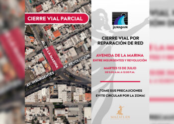 Cierre vial parcial este martes en Avenida de la Marina por obras de JUMAPAM
