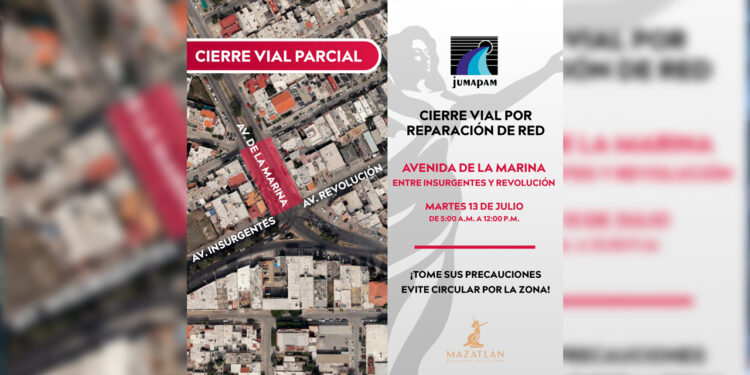Cierre vial parcial este martes en Avenida de la Marina por obras de JUMAPAM