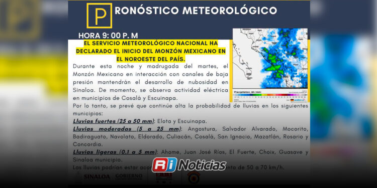 Monzón mexicano incrementará la probabilidad de lluvias en Sinaloa