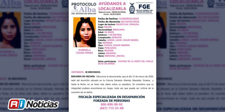 Activan Protocolo Alba por la desaparición de Gabriela Osuna Pérez en Mazatlán