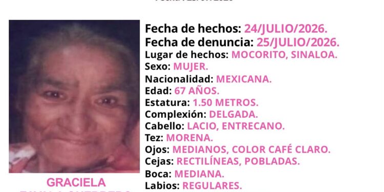 Activan Protocolo Alba por desaparición de mujer de 67 años en Mocorito