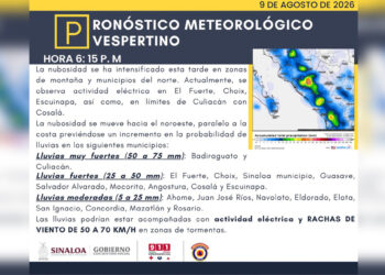 Prevén lluvias fuertes y tormentas eléctricas en Sinaloa durante esta tarde y noche.