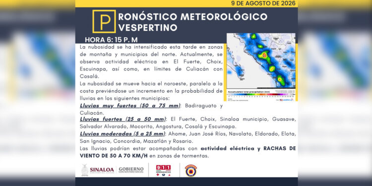 Prevén lluvias fuertes y tormentas eléctricas en Sinaloa durante esta tarde y noche.