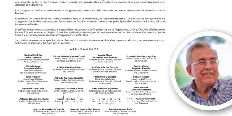 Gobernadores de la 4T cierran filas con Sheinbaum y llaman a Rocha a respetar la ley