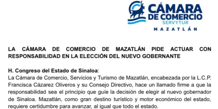 Canaco Mazatlán pide responsabilidad al Congreso en elección del nuevo gobernador de Sinaloa