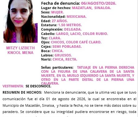 Activan Protocolo Alba en busca de Mitzi Lizbeth, joven desaparecida en Mazatlán