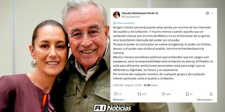 Sheinbaum destaca que ningún interés personal debe estar por encima del pueblo y la Nación tras regreso de Rocha Moya