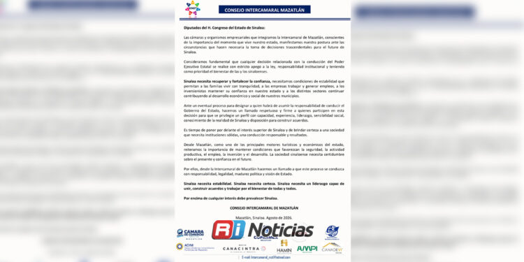 Intercamaral de Mazatlán pide legalidad y certeza ante eventual cambio en el Gobierno de Sinaloa