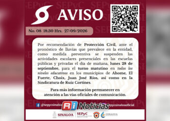 Suspenden clases este lunes por lluvias en cuatro municipios de Sinaloa