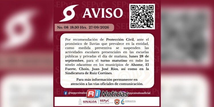Suspenden clases este lunes por lluvias en cuatro municipios de Sinaloa