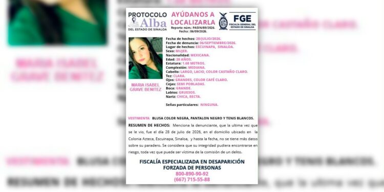 Activan Alerta Alba para buscar María Isabel, mujer de 28 años desaparecida en Escuinapa