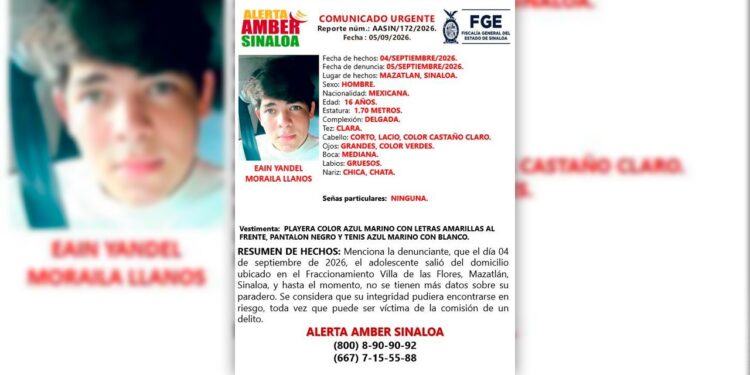 Activan Alerta Amber por desaparición de Eain Yandel, joven de 16 años desaparecido en Mazatlán